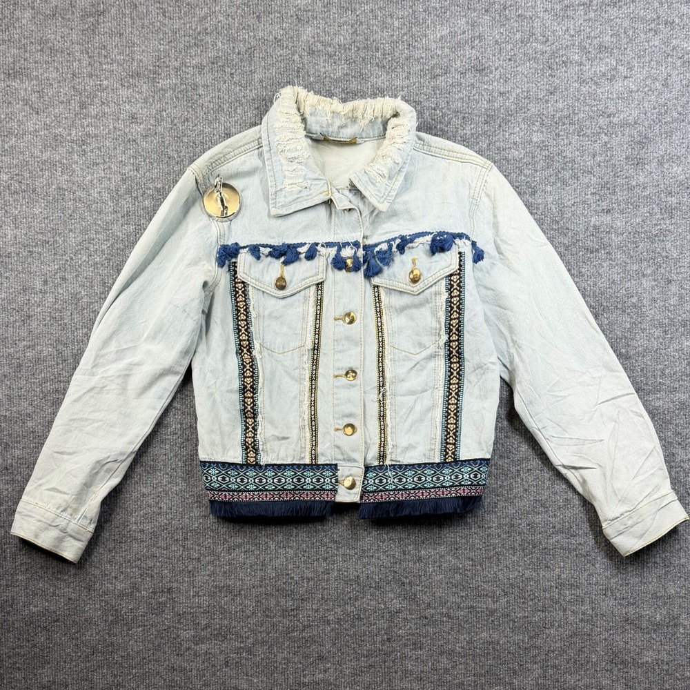Denimland Paris Collection Jacket Distressed Collar Southwestern Tribal -‎ Small